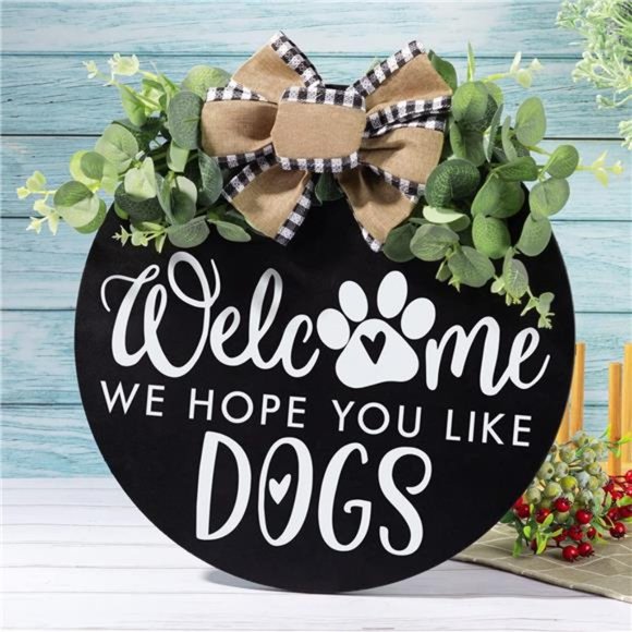 Welcome We Hope You Like Dogs Door Sign with Eucalyptus Leaves & Buffalo Bow - Picture 7 of 7